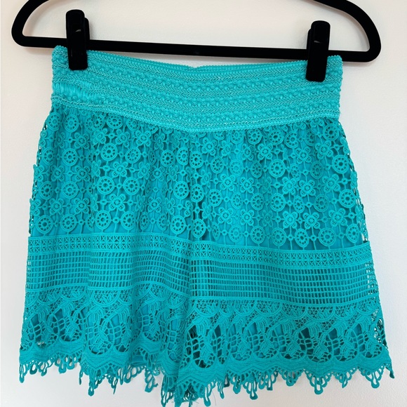 Kathy Pants - Kathy Womens Large Turquoise Knit Stretch Elastic Waist Shorts Boho Blue Crochet